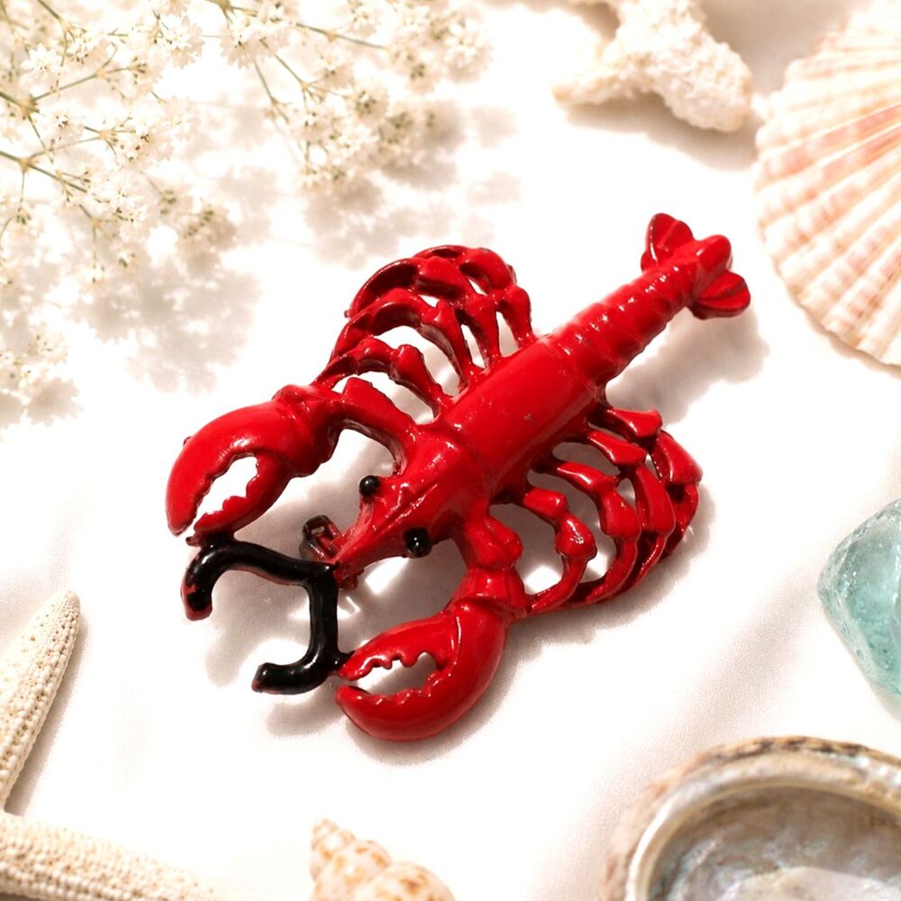 Vintage Red Enamel Lobster Brooch Pin Nautical Coastal Jewelry